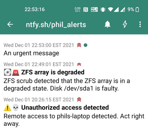 A mobile phone screen showing the ntfy.sh application with received alerts.